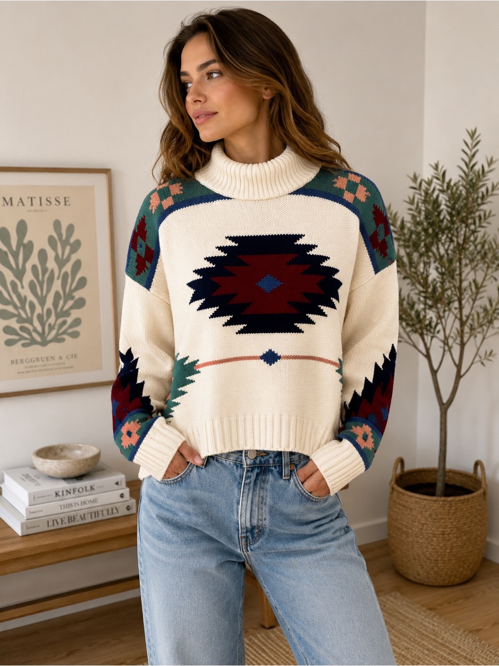 The Upside 100% Organic Cotton Southwestern Mock Neck Knit Sweater | Size Small
